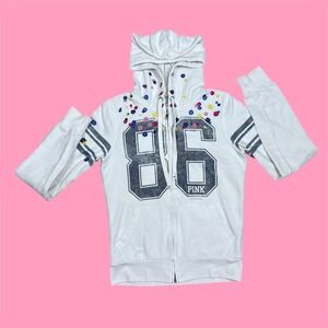 PINK Victoria's Secret White 86 Graphic Zip Up Hoodie Embroidered Flowers Small